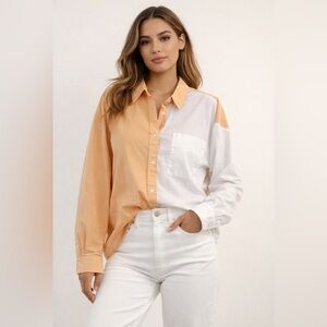 Abercrombie Women's Poplin Colorblock Preppy Coastal Button-Down Top Size L